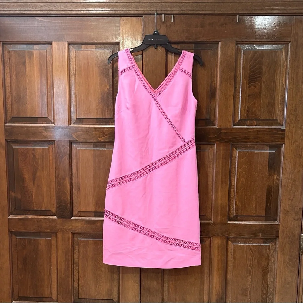 BANANA REPUBLIC Pink Lace Trim Sleeveless Sheath V Neck Dress 6 Classic